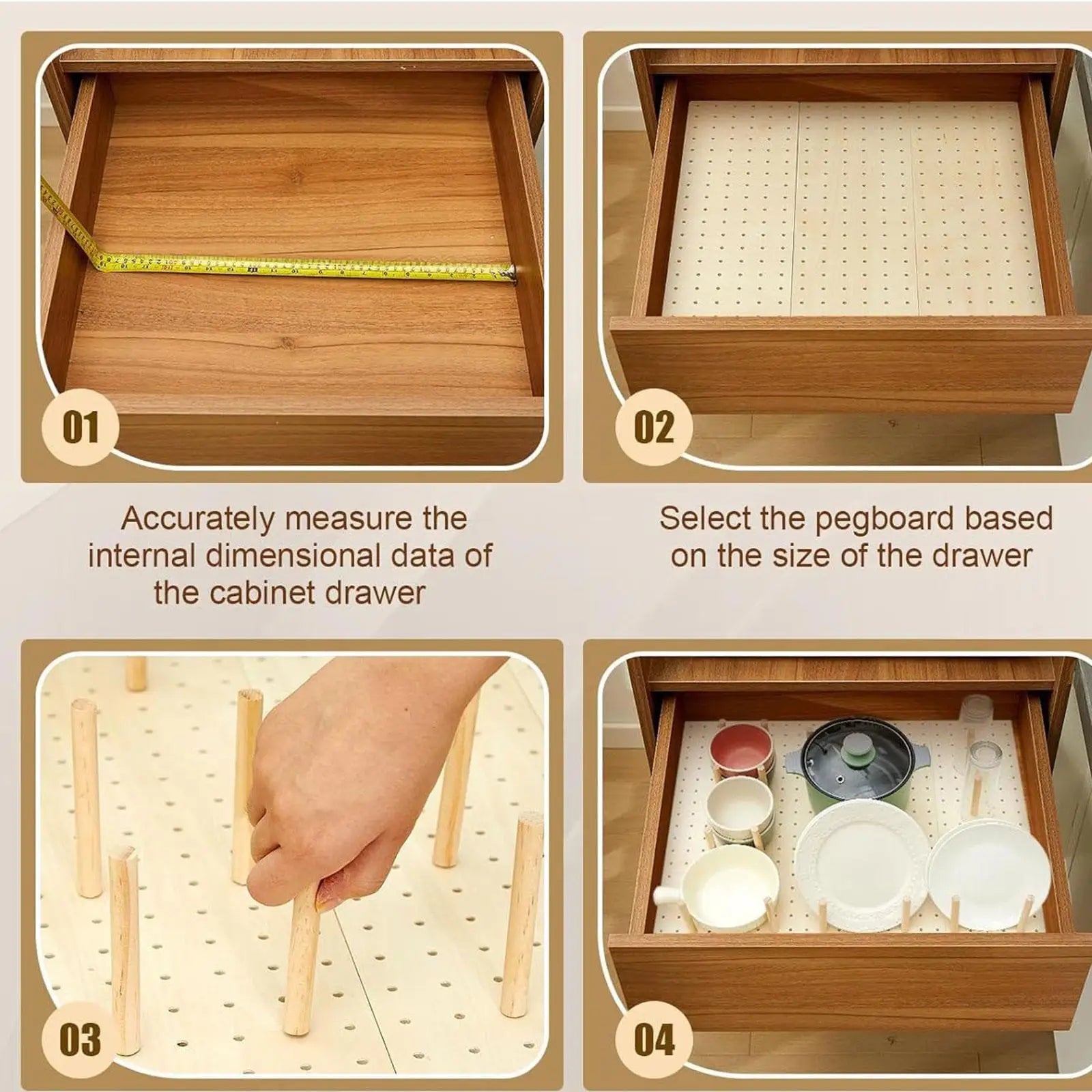 Wood Pegboard Drawer Organizer Storage Sturdy Organization Dish and Plate Organizer Peg Board System Adjustable for Utensils
