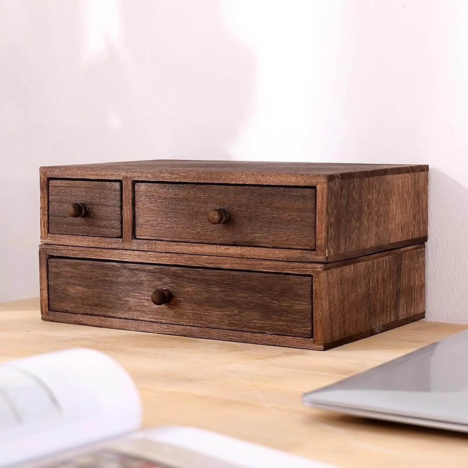 Wooden Desktop Organizer with Drawer Storage Box Compact Jewelry Makeup Organizer Portable for Office Home Bedroom Table Decor