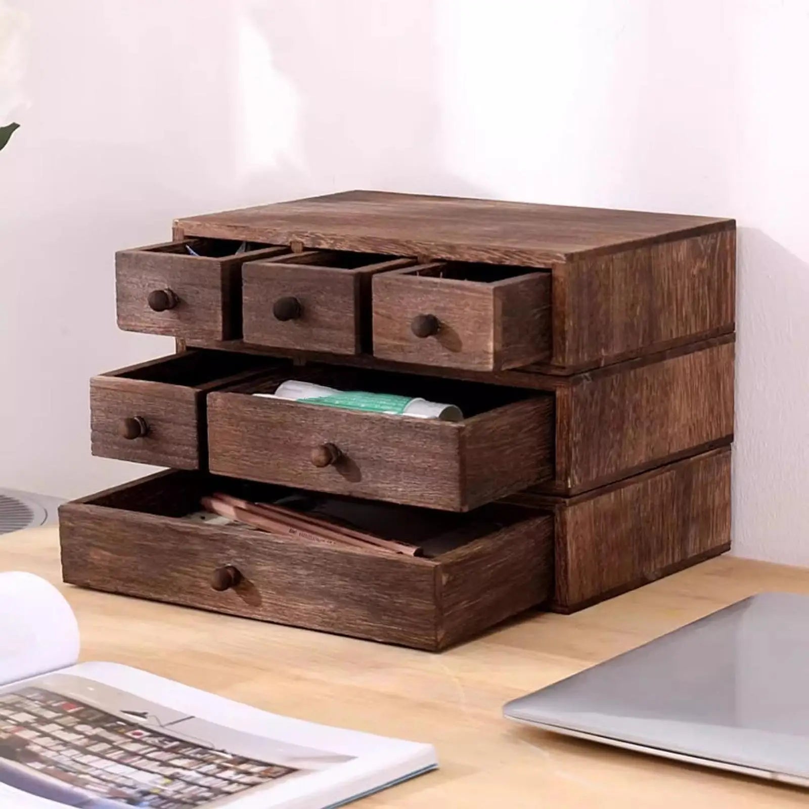Wooden Desktop Organizer with Drawer Storage Box Compact Jewelry Makeup Organizer Portable for Office Home Bedroom Table Decor