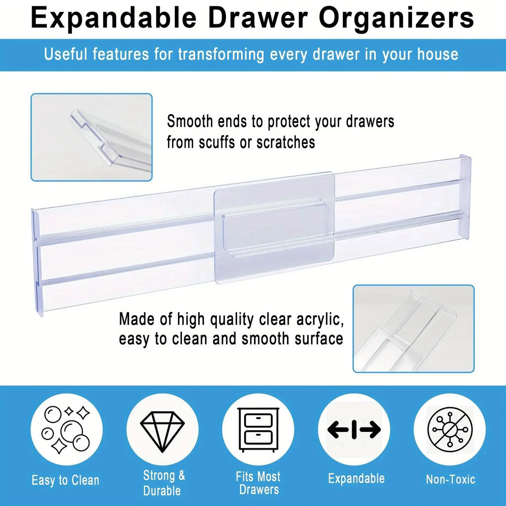 Drawer Dividers Organizers 1 Pack Adjustable 8cm High Expandable from 27.7-52.5cm Kitchen Drawer Organizer Clear Plastic