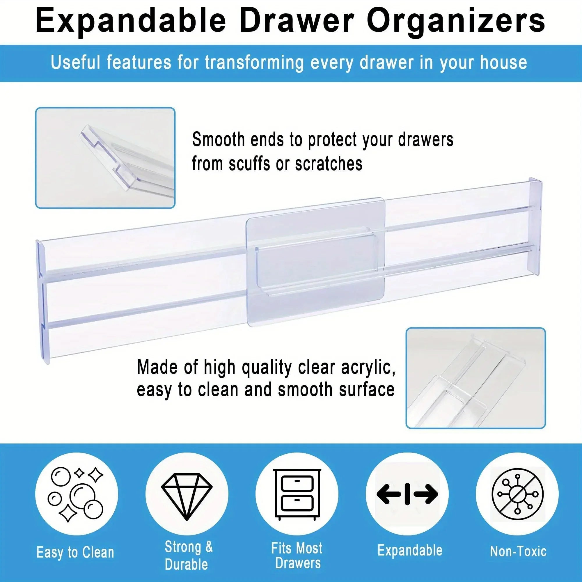 Drawer Dividers Organizers 1 Pack Adjustable 8cm High Expandable from 27.7-52.5cm Kitchen Drawer Organizer Clear Plastic