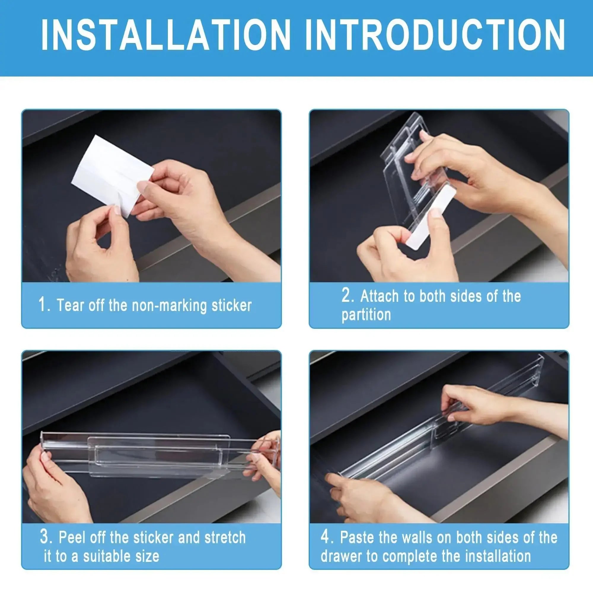 Drawer Dividers Organizers 1 Pack Adjustable 8cm High Expandable from 27.7-52.5cm Kitchen Drawer Organizer Clear Plastic