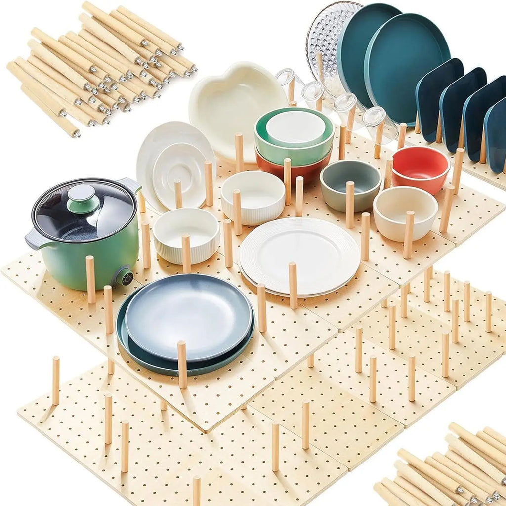 Wood Pegboard Drawer Organizer Storage Sturdy Organization Dish and Plate Organizer Peg Board System Adjustable for Utensils