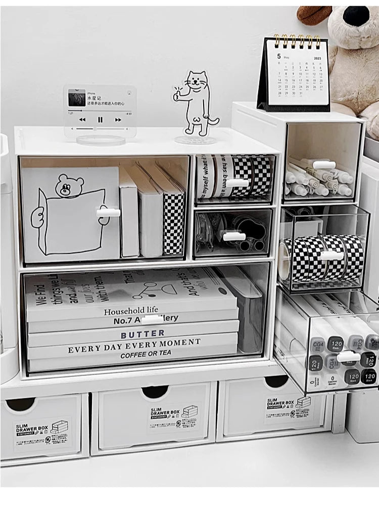 Simple Desktop Drawer Storage Box Organizer Student Dormitory Desk DIY Table Transparent Acrylic Stationery Tape Storage Rack