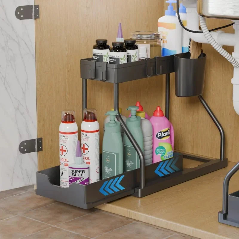 Space-Saving Organizer shelf 2-Tier Pull-Out Storage Organizer Durable Large Capacity Drawer for Kitchen and Bathroom Essentials