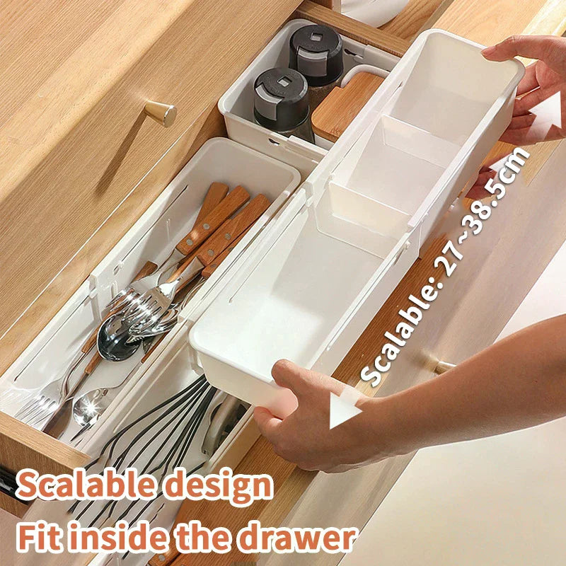Drawer Organizer Expandable Utensil Tray For Kitchen Adjustable Flatware Stationery Cosmetics Holder White Cutlery Storage Box