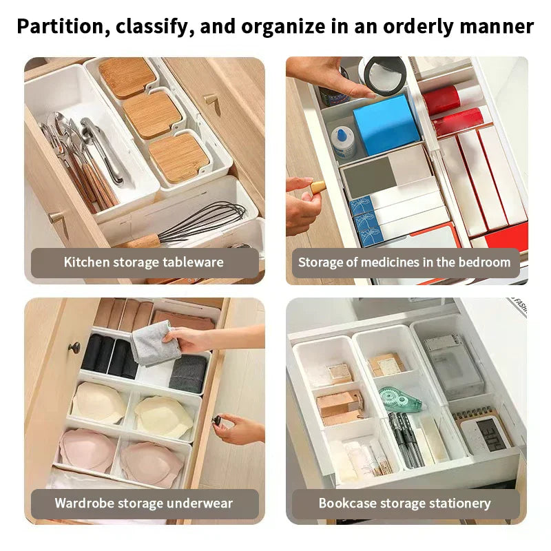 Drawer Organizer Expandable Utensil Tray For Kitchen Adjustable Flatware Stationery Cosmetics Holder White Cutlery Storage Box