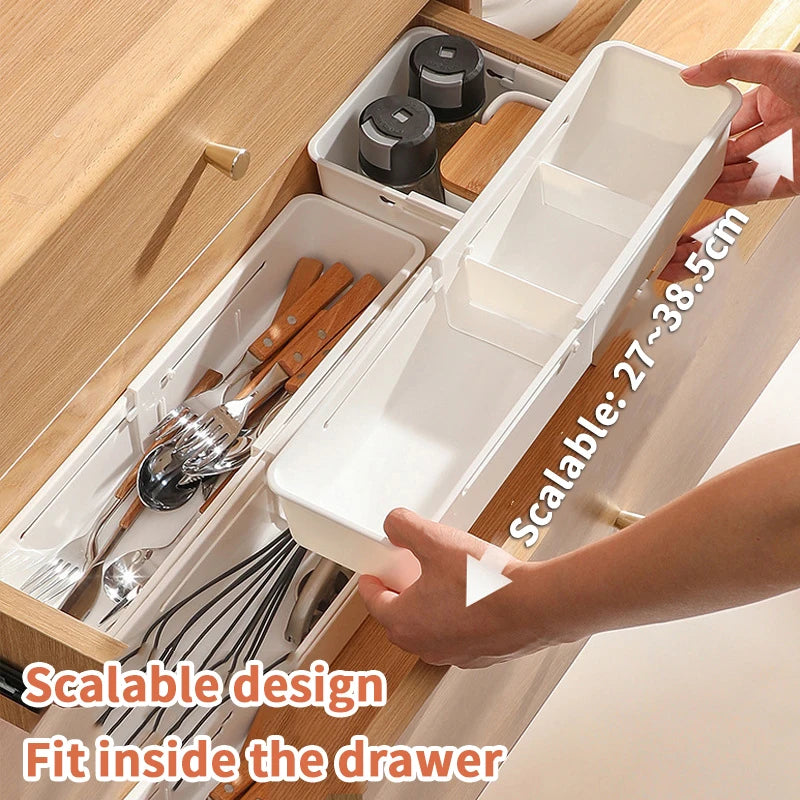 Drawer Organizer Expandable Utensil Tray For Kitchen Adjustable Flatware Stationery Cosmetics Holder White Cutlery Storage Box
