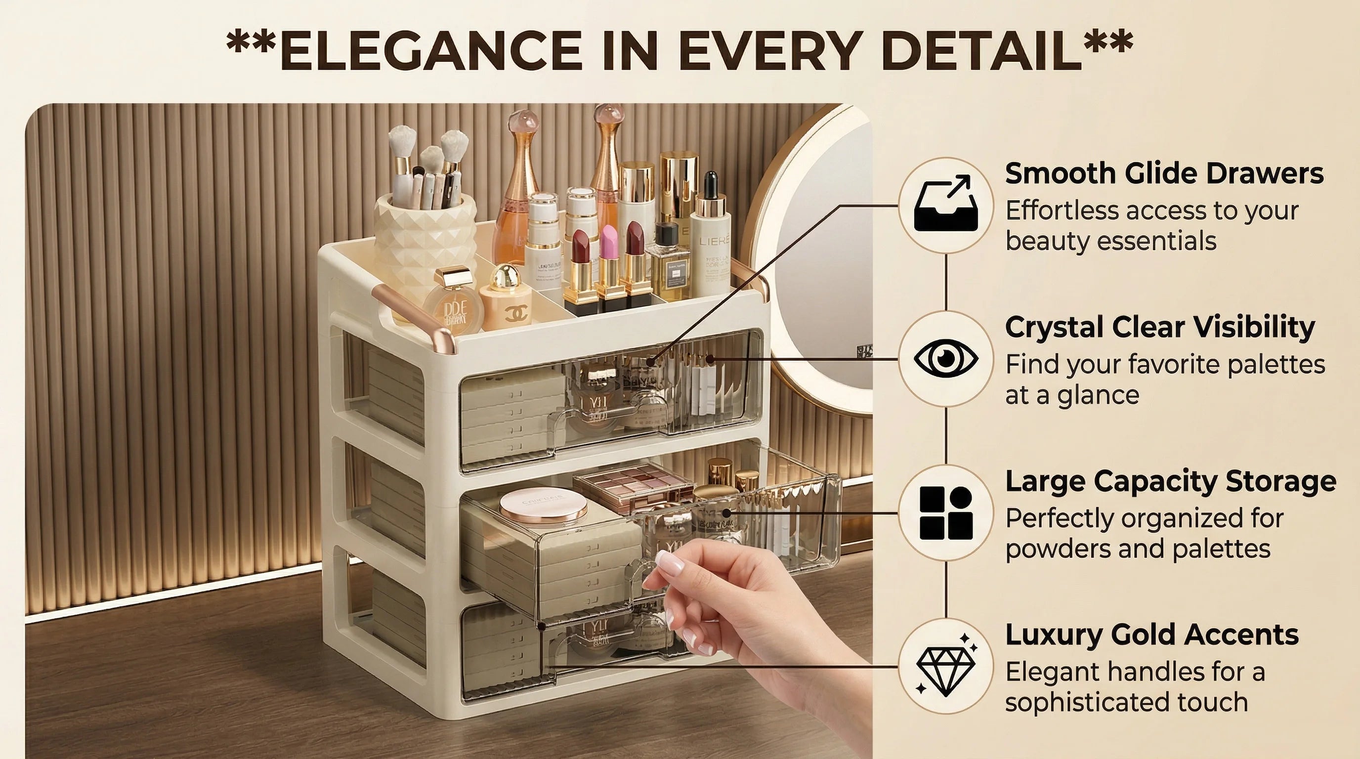 Fashion Makeup Organizer Drawer Type Cosmetic Storage Box Large Capacity Skincare Organizer for Bathroom Vanity Desk
