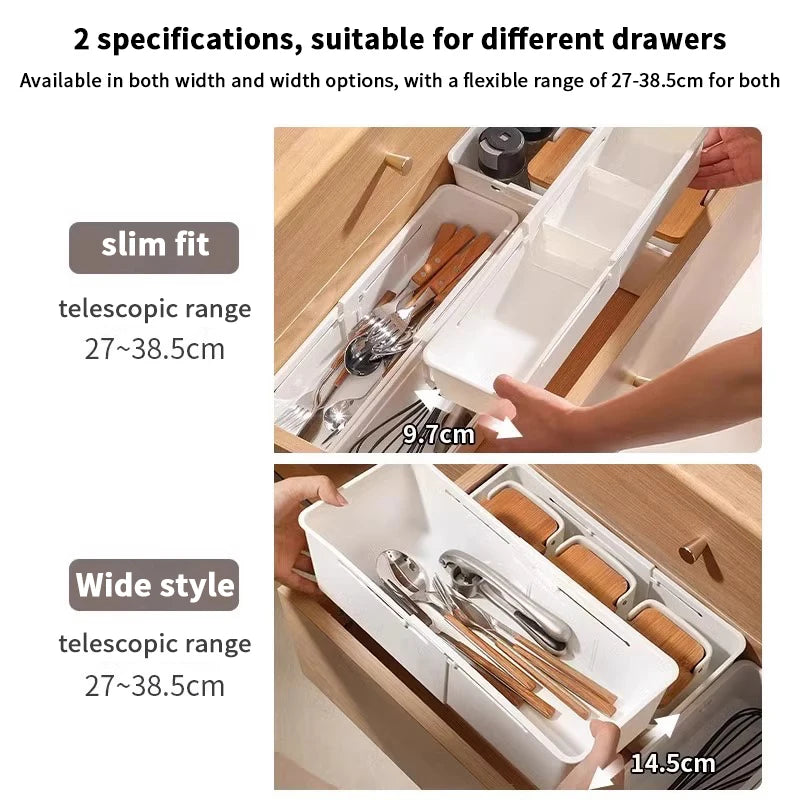 Drawer Organizer Expandable Utensil Tray For Kitchen Adjustable Flatware Stationery Cosmetics Holder White Cutlery Storage Box