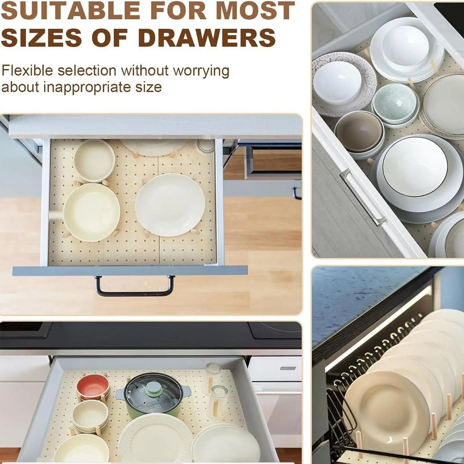 Wood Pegboard Drawer Organizer Storage Sturdy Organization Dish and Plate Organizer Peg Board System Adjustable for Utensils